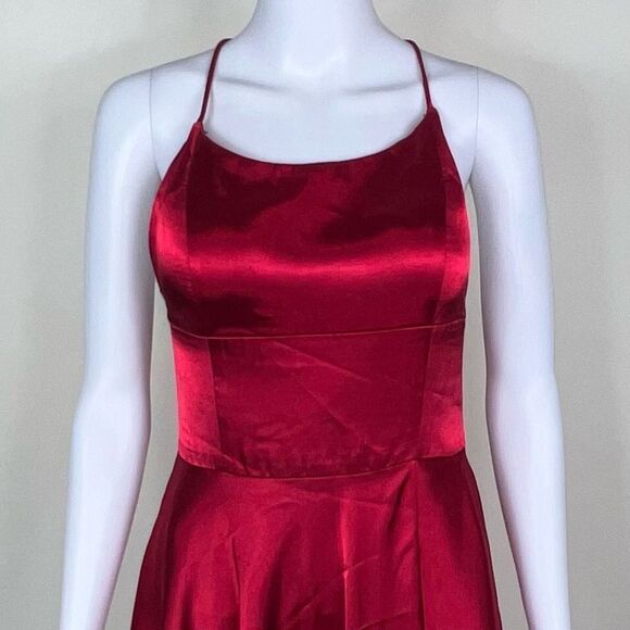 Betsy & Adam Criss Cross Back Spaghetti Strap Satin Gown - Picture 2 of 14